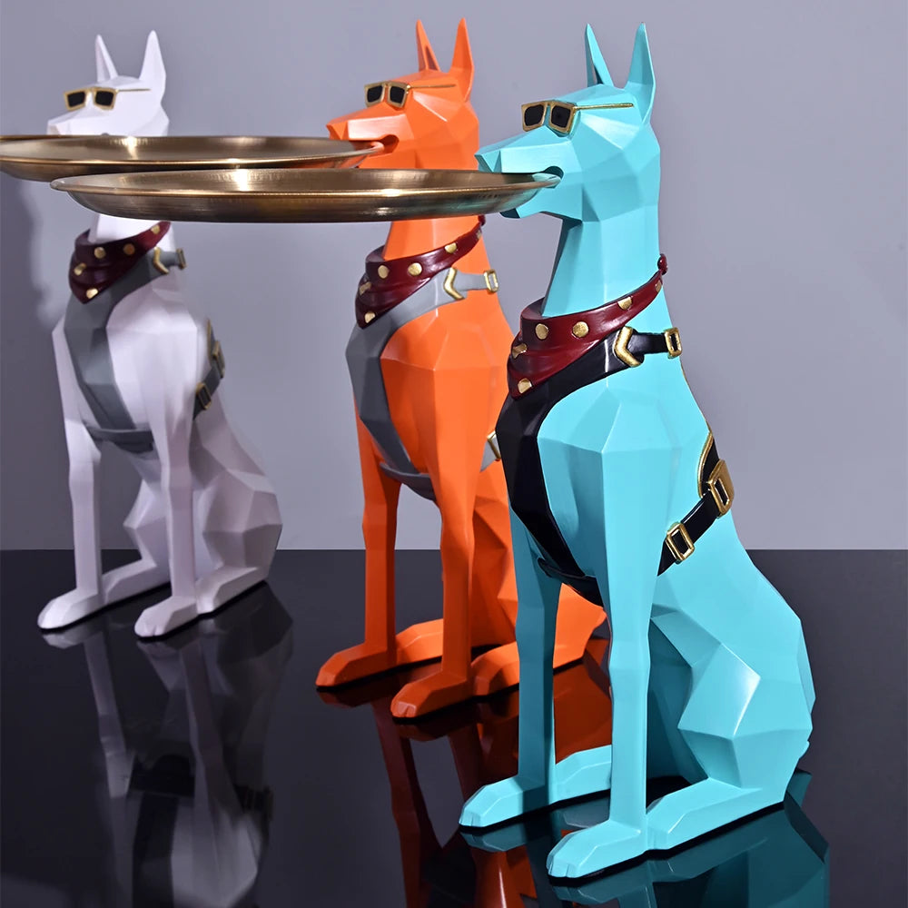 Dog Sculpture Butler with Metal Tray